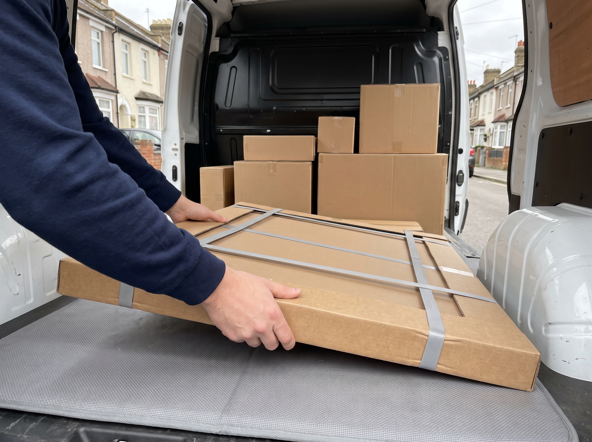 A courier loading a well-packed framed picture into a van