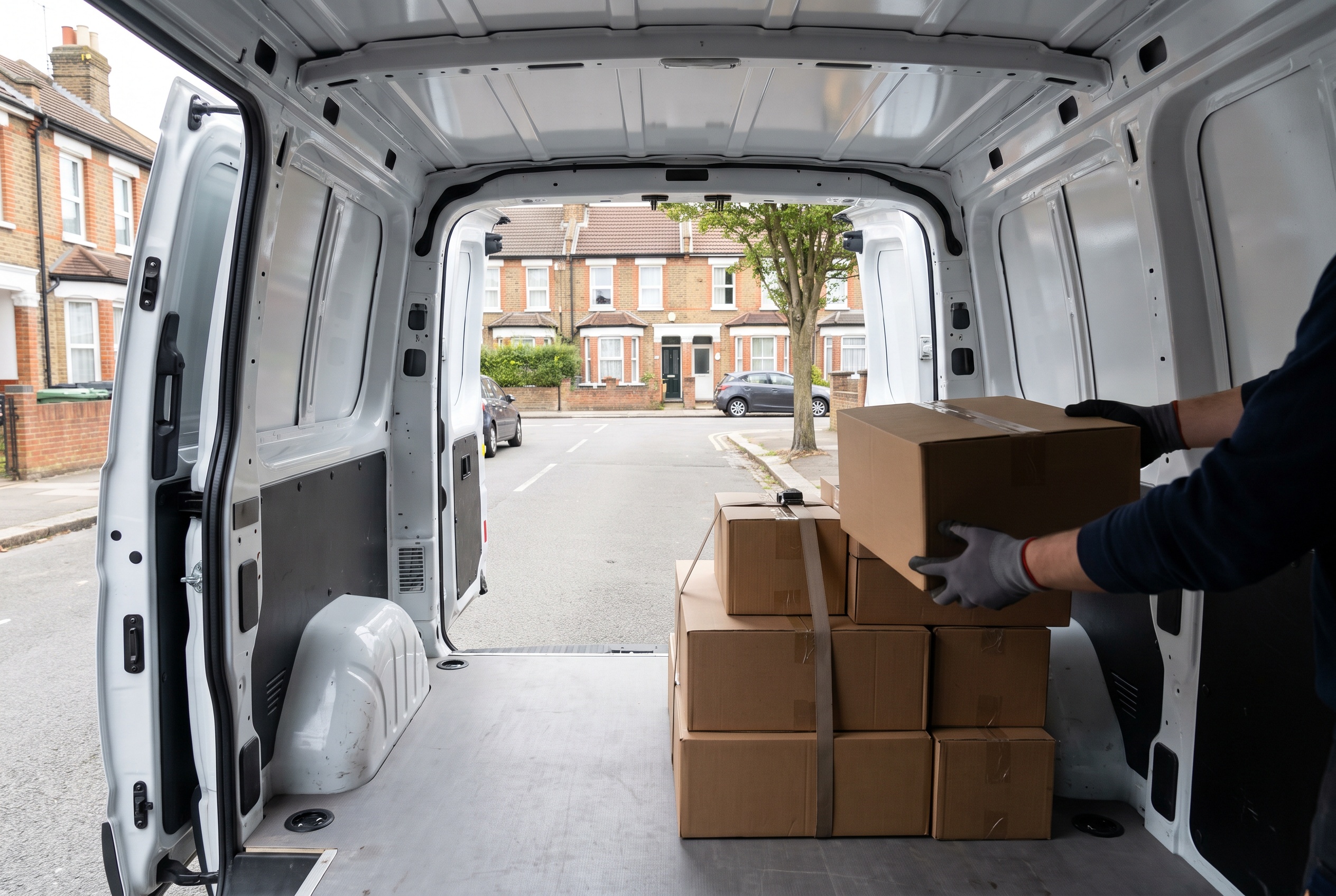 Parcels being loaded into the back of a van on a residential street